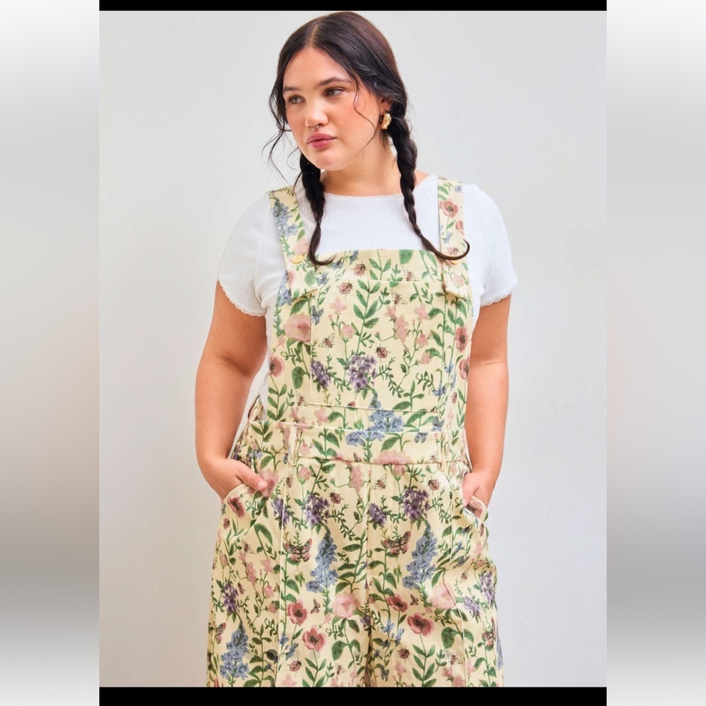 🆕➕️ CIDER Floral Lightweight Corduroy Button Wide Leg Jumpsuit CREAM 0XL $59 - Picture 11 of 16
